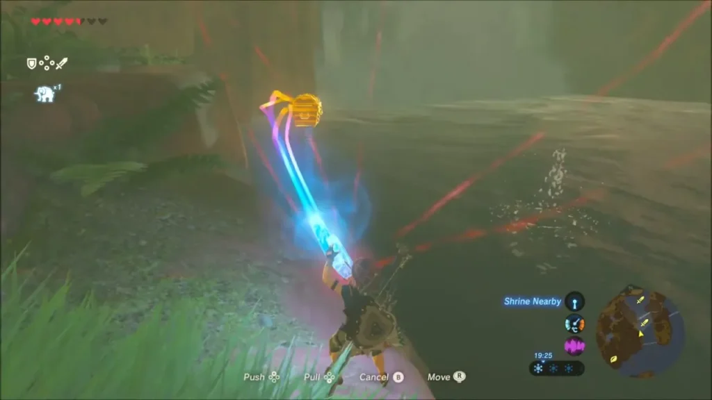 Link pulling a chest across the pool beside a waterfall with Magnesis