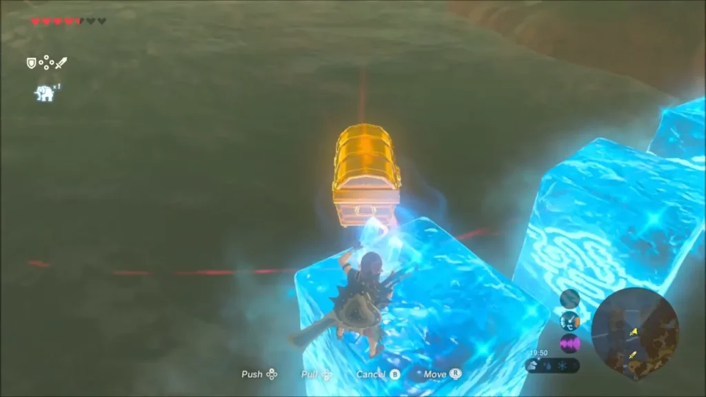A chest held by Magnesis above a row of ice blocks in the pool