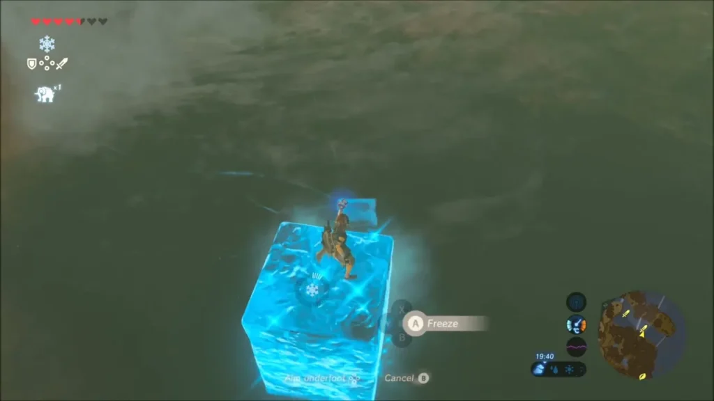 Link standing on a Cryonis ice block in the waterfall pool