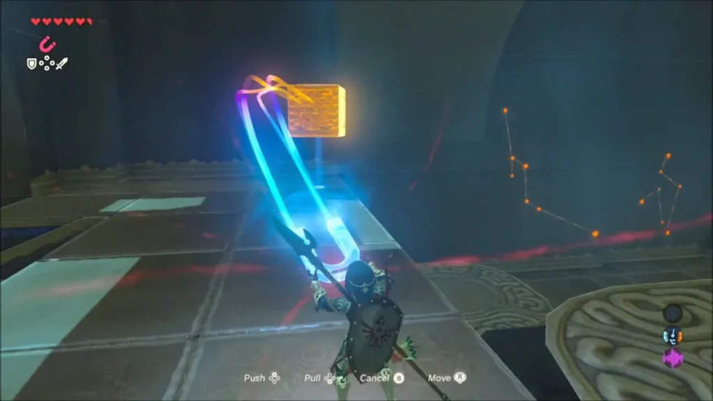Link using Magnesis to lift a metal block inside Yah Rin Shrine