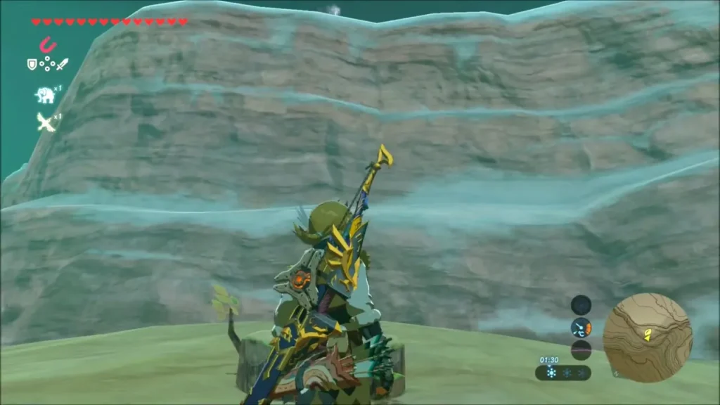 Link at the foot of a tall cliff with a spear on his back Link at the foot of a tall cliff with a spear on his back