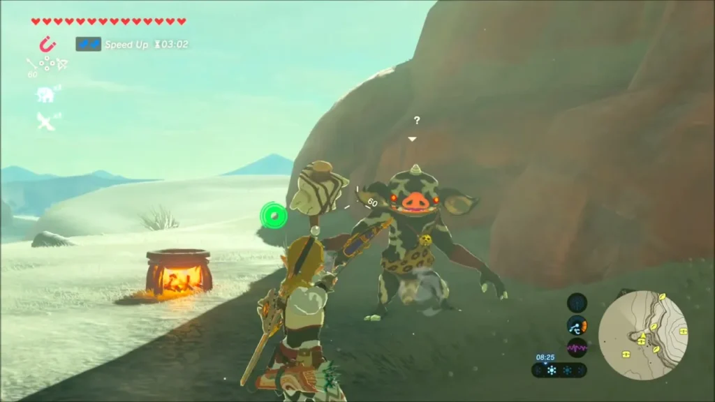 Link facing a Bokoblin beside a campfire on the snow Link facing a Bokoblin beside a campfire on the snow