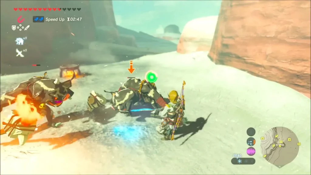Link fighting two Bokoblins on the snowy slope Link fighting two Bokoblins on the snowy slope