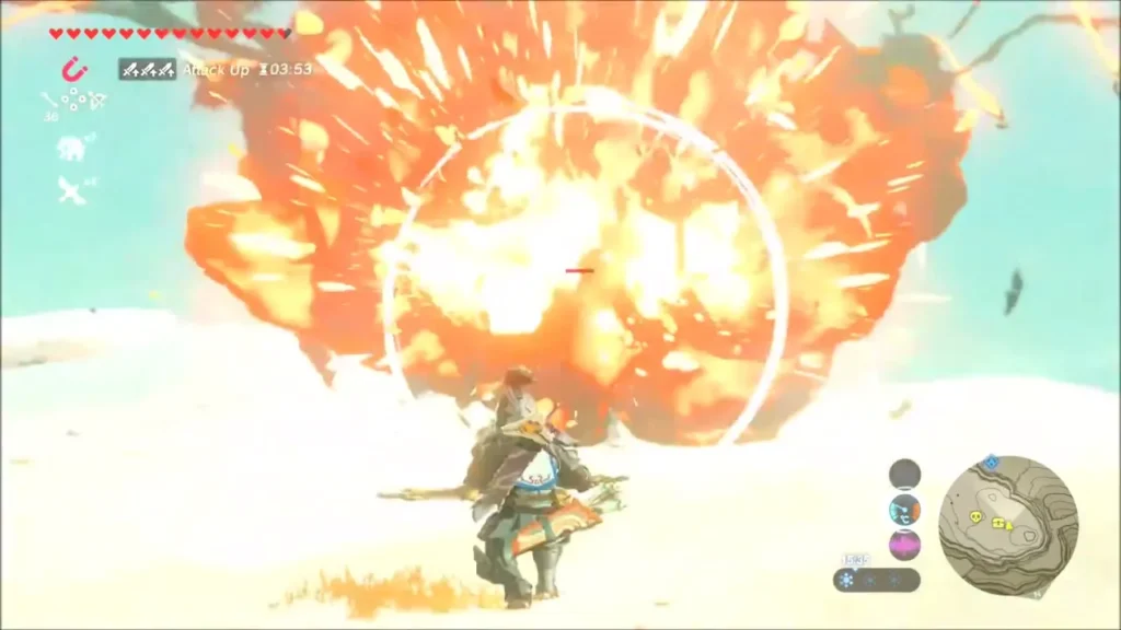 Bomb arrow exploding on the snowfield in front of Link Bomb arrow exploding on the snowfield in front of Link