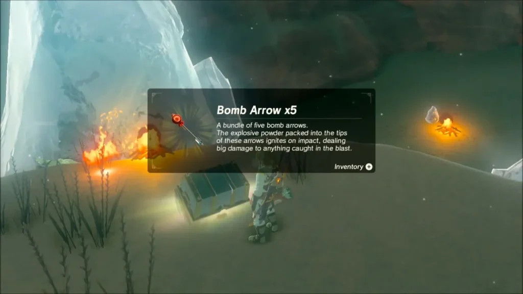 Bomb Arrow x5 item box over the opened chest by campfires Bomb Arrow x5 item box over the opened chest by campfires