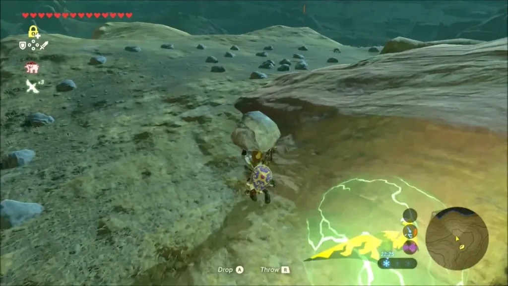 Link carrying the rock to the crackling yellow sparks Link carrying the rock to the crackling yellow sparks