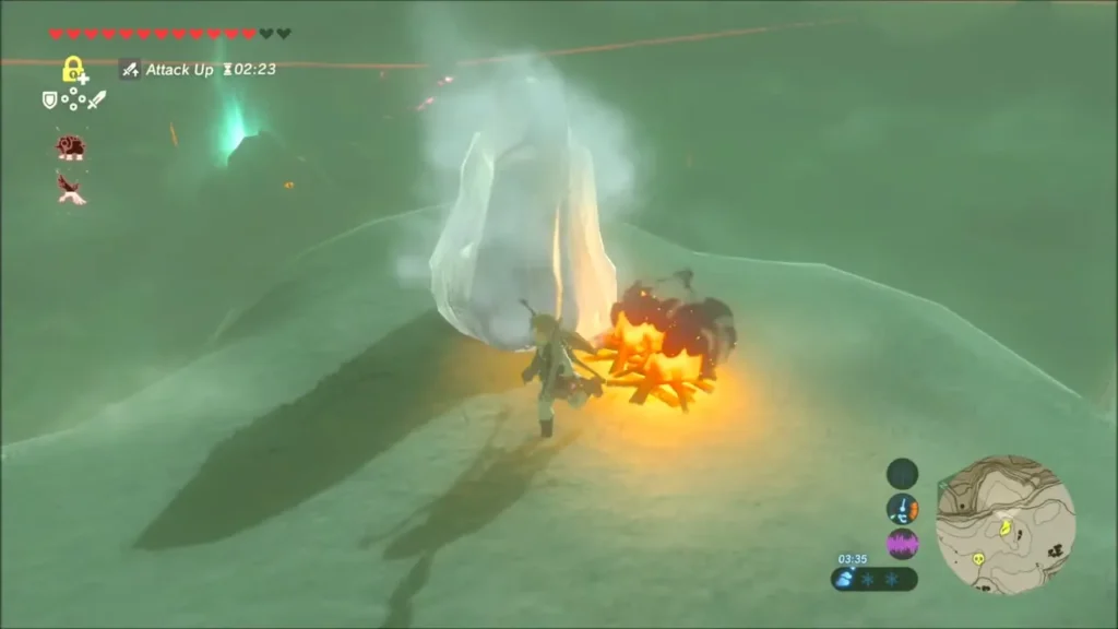 A wood campfire beside the ice block, steam rising as it melts A wood campfire beside the ice block, steam rising as it melts