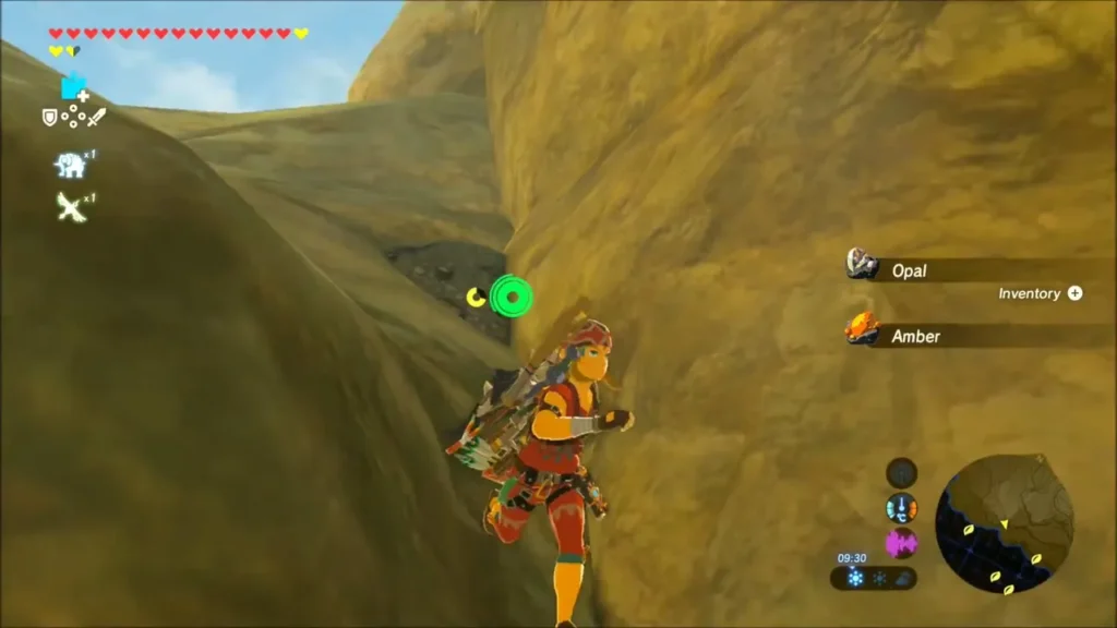 Link running along the canyon wall with Opal and Amber pickups on screen Link running along the canyon wall with Opal and Amber pickups on screen