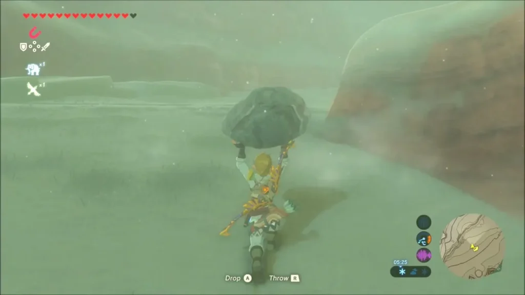 Link carrying the rock toward a large red boulder Link carrying the rock toward a large red boulder