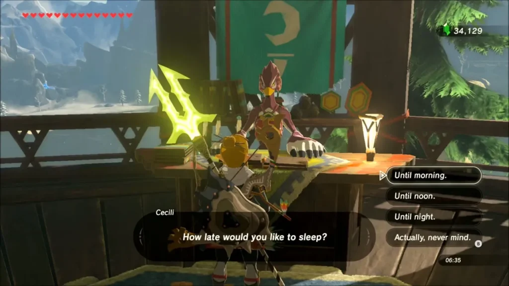 Cecili at the Rito inn asking how late Link would like to sleep Cecili at the Rito inn asking how late Link would like to sleep
