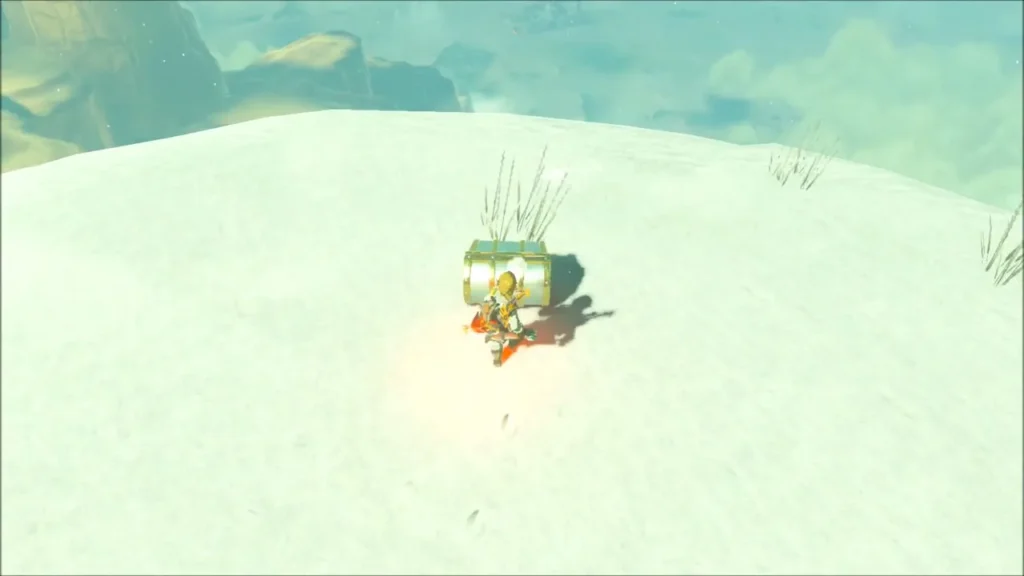 Link beside a treasure chest sitting in the snow drifts Link beside a treasure chest sitting in the snow drifts