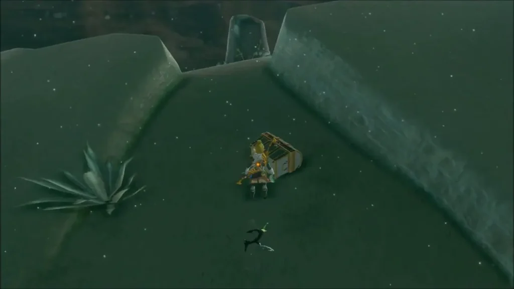Link beside an opened chest on a dark snowy slope Link beside an opened chest on a dark snowy slope