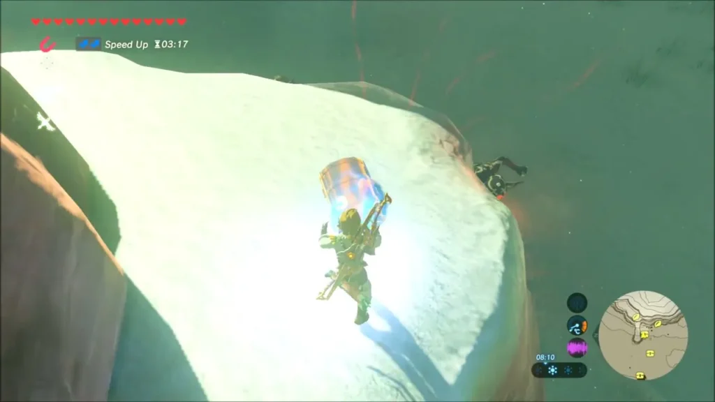 Link glowing with a chest on a snowy ledge above a drop Link glowing with a chest on a snowy ledge above a drop