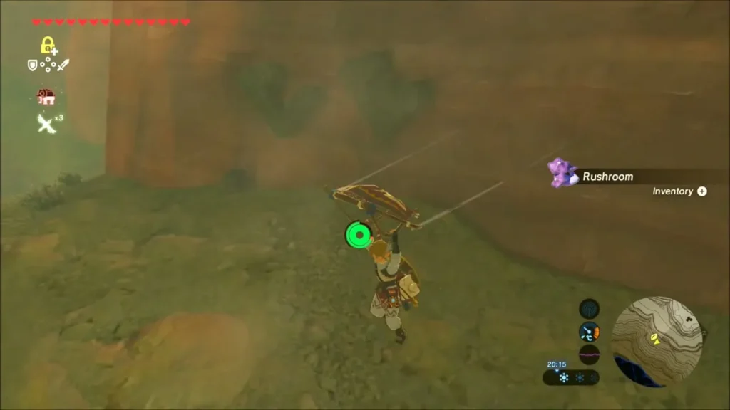 Link gliding down the red cliff into the small canyon Link gliding down the red cliff into the small canyon
