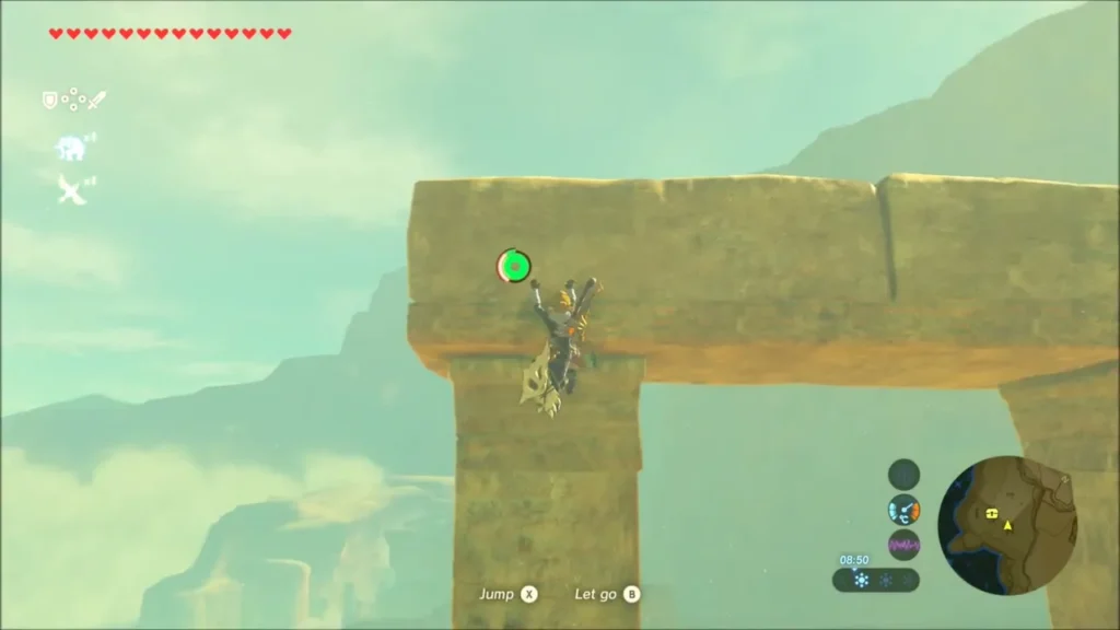 Link climbing a tall sandstone pillar of the ruins Link climbing a tall sandstone pillar of the ruins