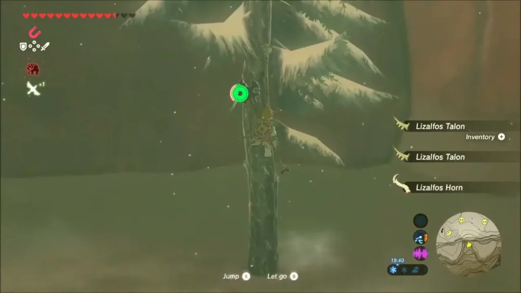 Link climbing the trunk of the lone snow-dusted pine tree between rock walls Link climbing the trunk of the lone snow-dusted pine tree between rock walls