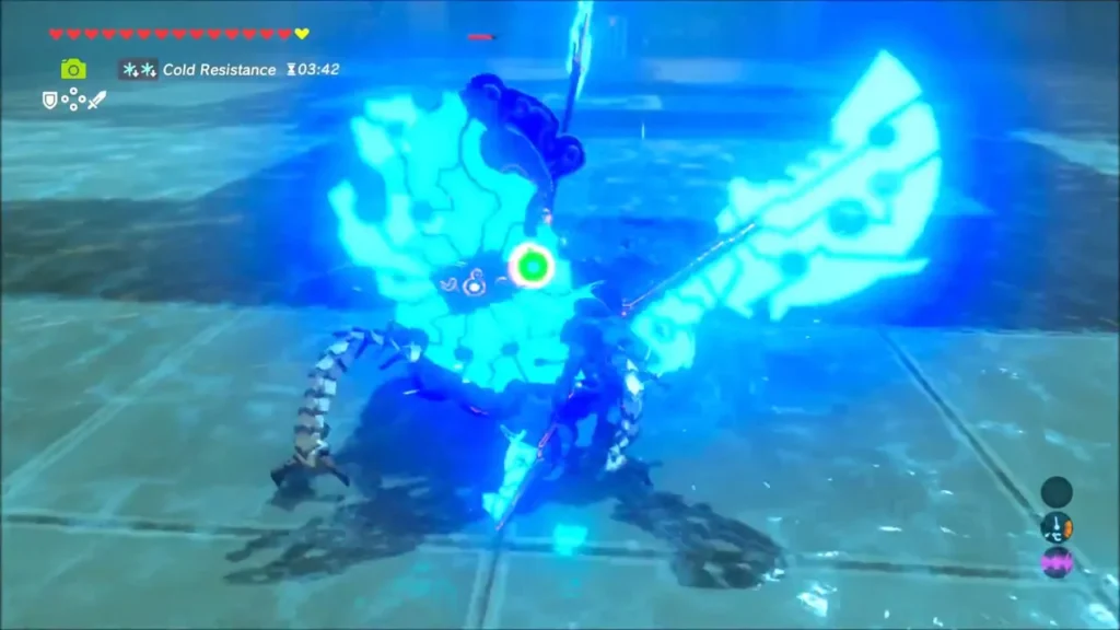 Link striking the Guardian Scout IV as it swings its glowing blue blades Link striking the Guardian Scout IV as it swings its glowing blue blades