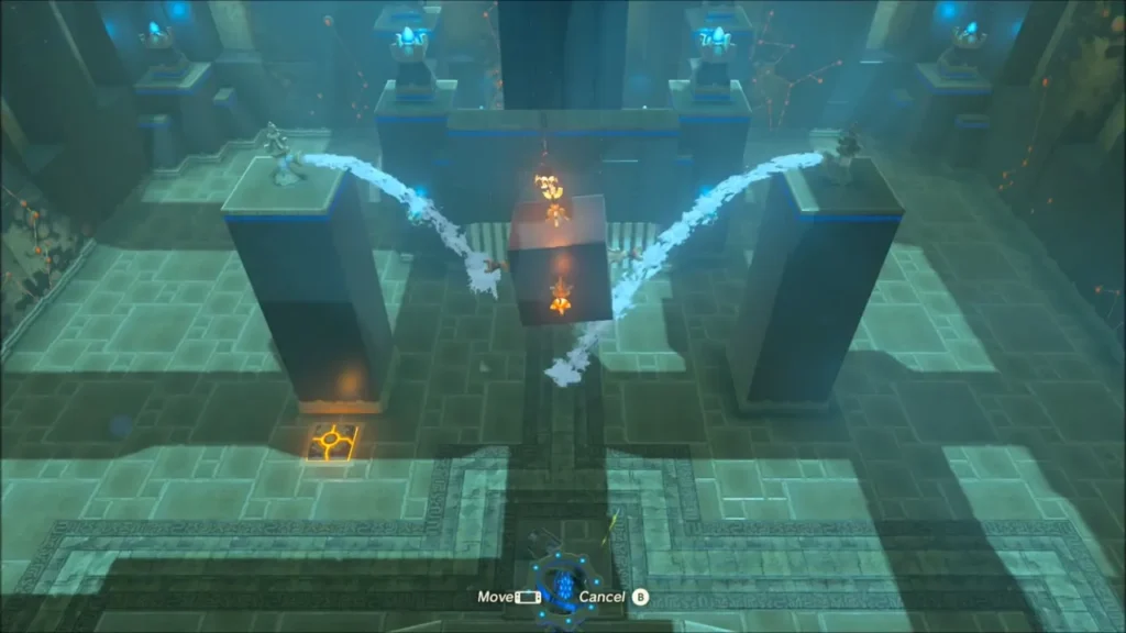 Final cube hanging between two water jets with a floor switch below Final cube hanging between two water jets with a floor switch below