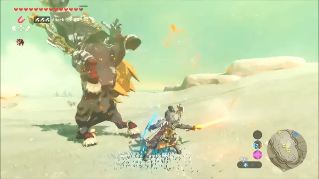 Link slashing the Lynel up close with a flaming blade Link slashing the Lynel up close with a flaming blade