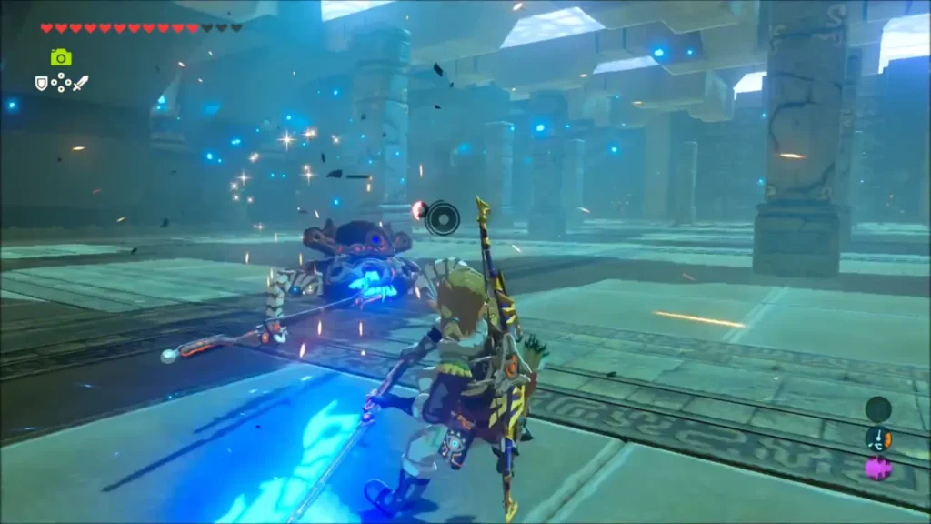 Link fighting the Guardian Scout with sparks flying Link fighting the Guardian Scout with sparks flying