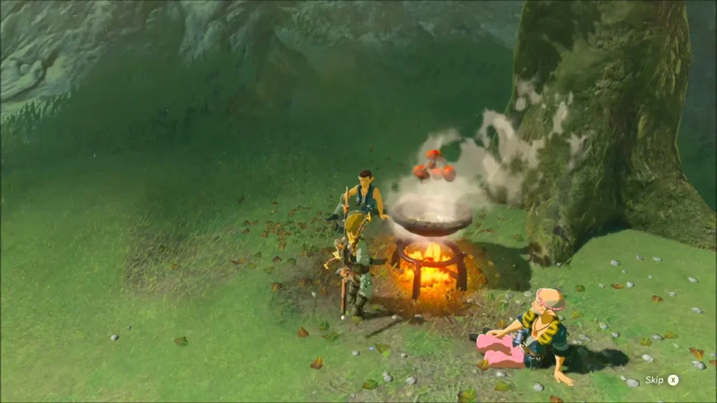 Link cooking mushrooms over a pot in the forest clearing by the big tree Link cooking mushrooms over a pot in the forest clearing by the big tree