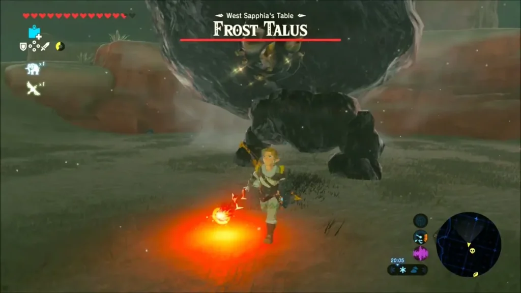 Link with a fire weapon in front of the Frost Talus after its ice melted Link with a fire weapon in front of the Frost Talus after its ice melted