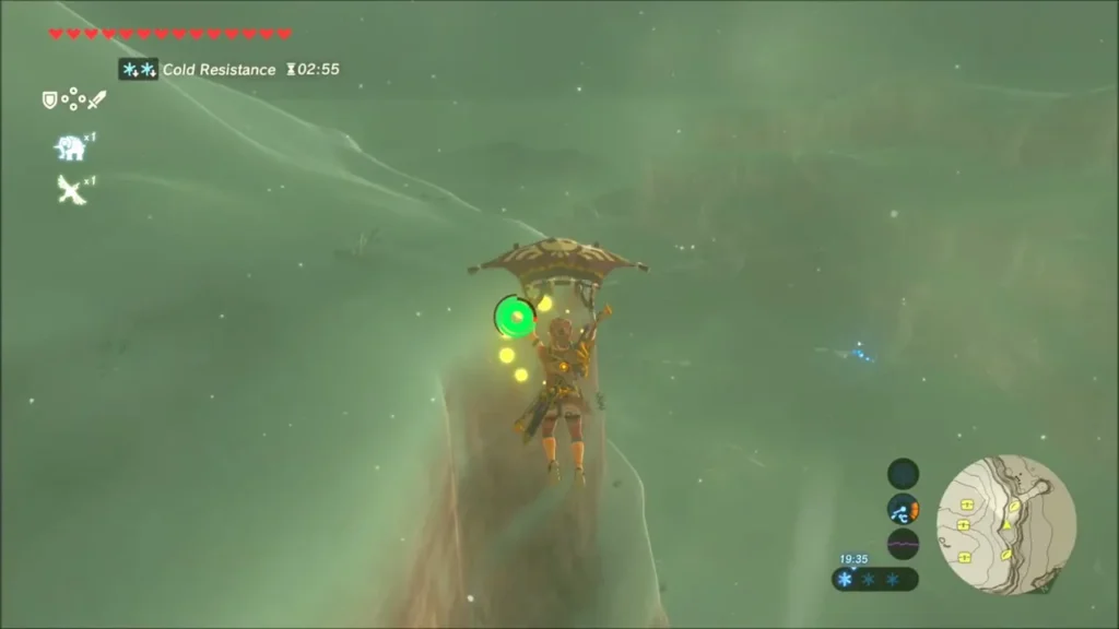 Link gliding close to the cliff ledge with yellow sparkles around him Link gliding close to the cliff ledge with yellow sparkles around him