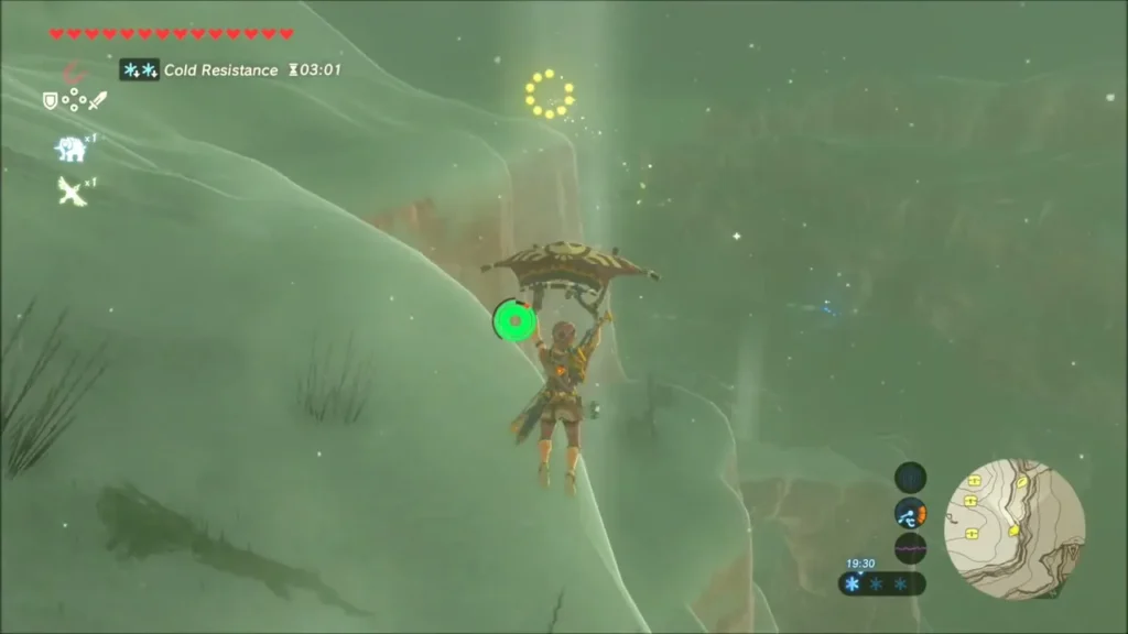 Link gliding down toward a ring of yellow sparkles by the cliff Link gliding down toward a ring of yellow sparkles by the cliff