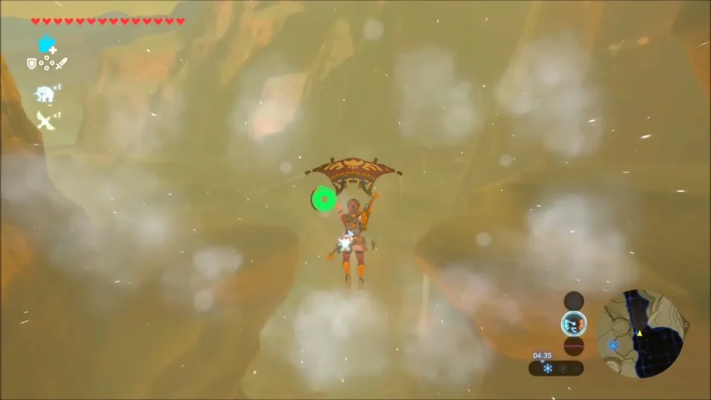 Link gliding down through a dusty canyon in the Gerudo Highlands Link gliding down through a dusty canyon in the Gerudo Highlands