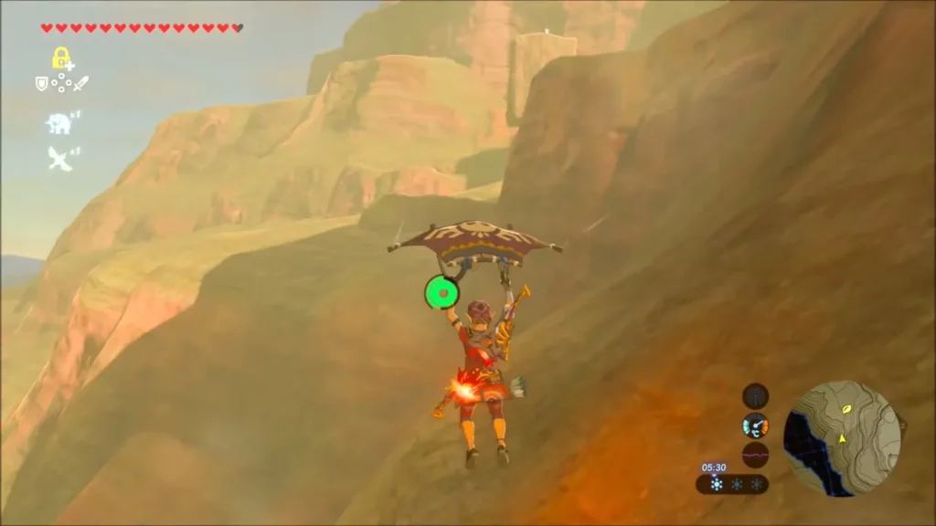 Link gliding over a sloped rocky hillside above the canyon Link gliding over a sloped rocky hillside above the canyon