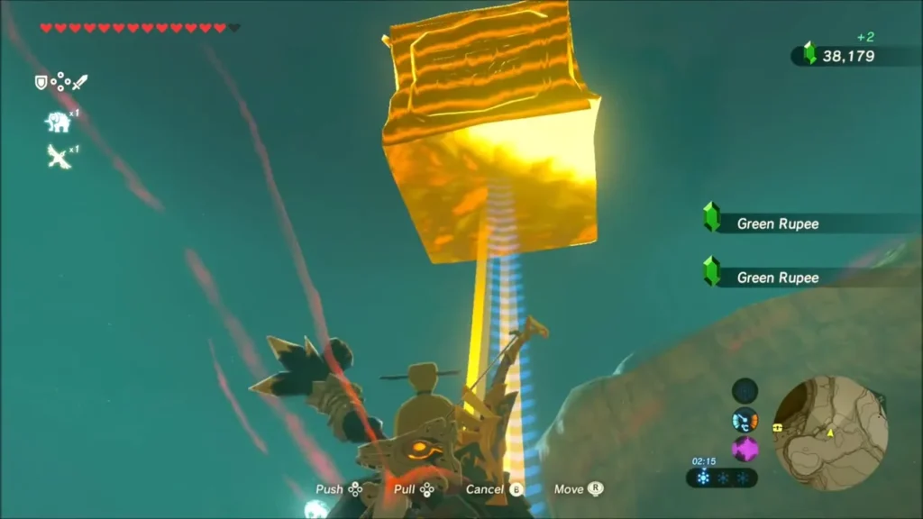 Link dragging a gold chest across the air with Magnesis Link dragging a gold chest across the air with Magnesis