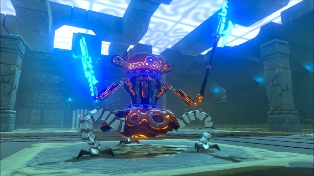Guardian Scout III raising its glowing blue sword and spear in the shrine Guardian Scout III raising its glowing blue sword and spear in the shrine