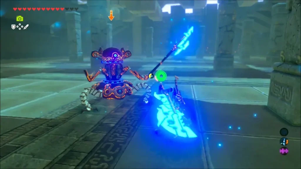 Link facing the Guardian Scout's spear thrust, holding a glowing blue weapon Link facing the Guardian Scout's spear thrust, holding a glowing blue weapon