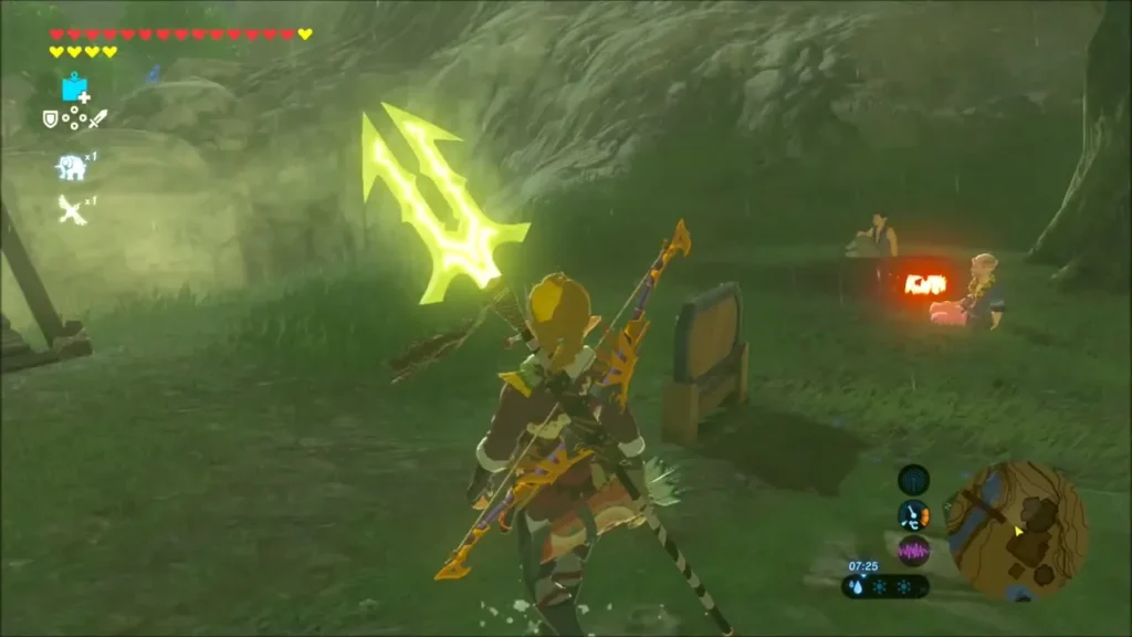 Link leaving the village on foot in the rain, on his way back to the shrine Link leaving the village on foot in the rain, on his way back to the shrine