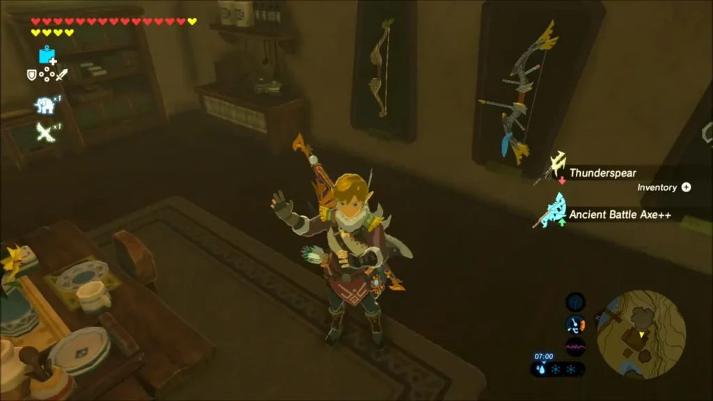 Link in his house hanging spare weapons on the wall mounts Link in his house hanging spare weapons on the wall mounts
