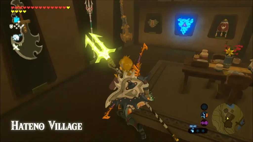 Link inside his Hateno Village house among weapons mounted on the walls Link inside his Hateno Village house among weapons mounted on the walls