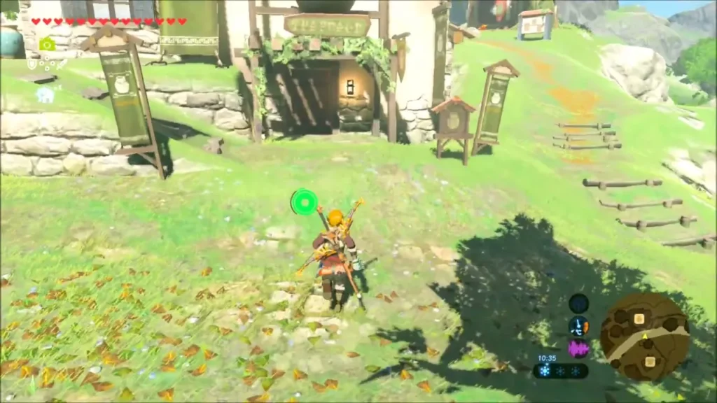 Link walking through Hateno Village toward Pruce's shop Link walking through Hateno Village toward Pruce's shop