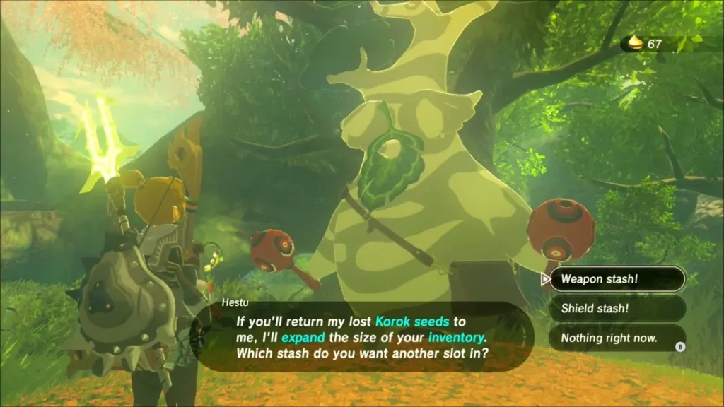 Hestu asking Link whether to expand the weapon stash or shield stash Hestu asking Link whether to expand the weapon stash or shield stash