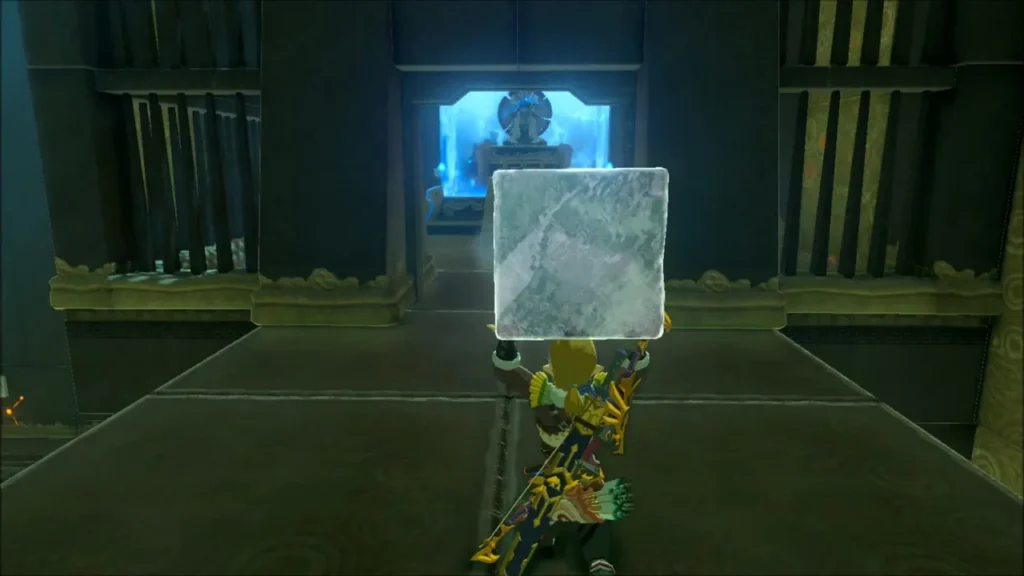 Link carrying the ice block toward the glowing altar and the monk Link carrying the ice block toward the glowing altar and the monk