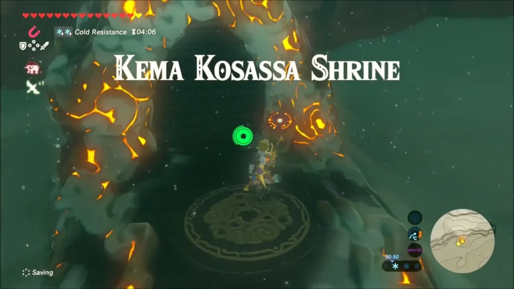 Link at the entrance of Kema Kosassa Shrine with its name on screen Link at the entrance of Kema Kosassa Shrine with its name on screen