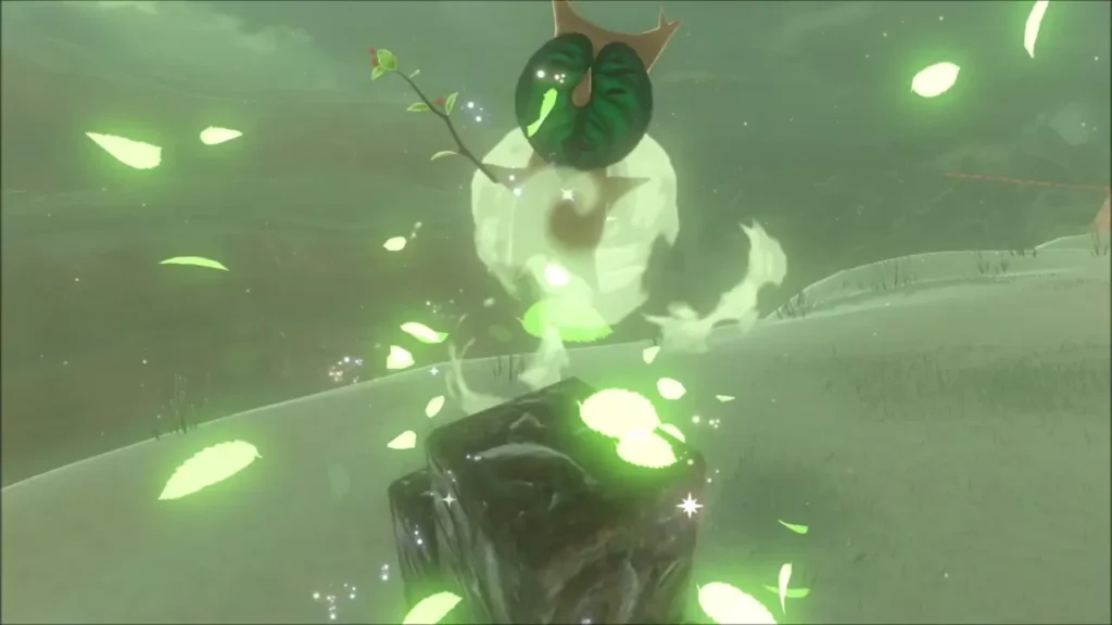 A Korok appearing in a burst of leaves on a lone stone block A Korok appearing in a burst of leaves on a lone stone block