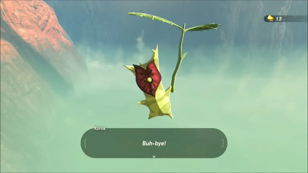 The Korok hanging from its leaf, saying goodbye after giving its seed The Korok hanging from its leaf, saying goodbye after giving its seed