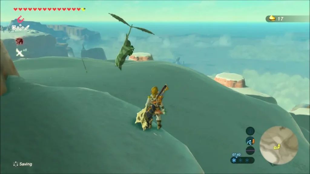 Korok hovering above Link on the snowy ledge after giving the seed Korok hovering above Link on the snowy ledge after giving the seed
