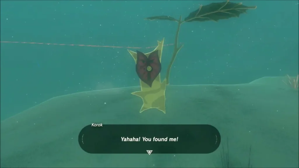 A leaf-topped Korok on the ledge saying it was found A leaf-topped Korok on the ledge saying it was found
