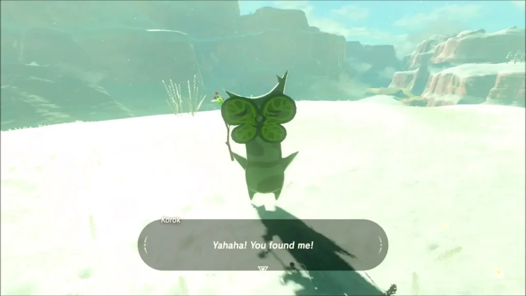 A Korok in the open snow saying it has been found A Korok in the open snow saying it has been found