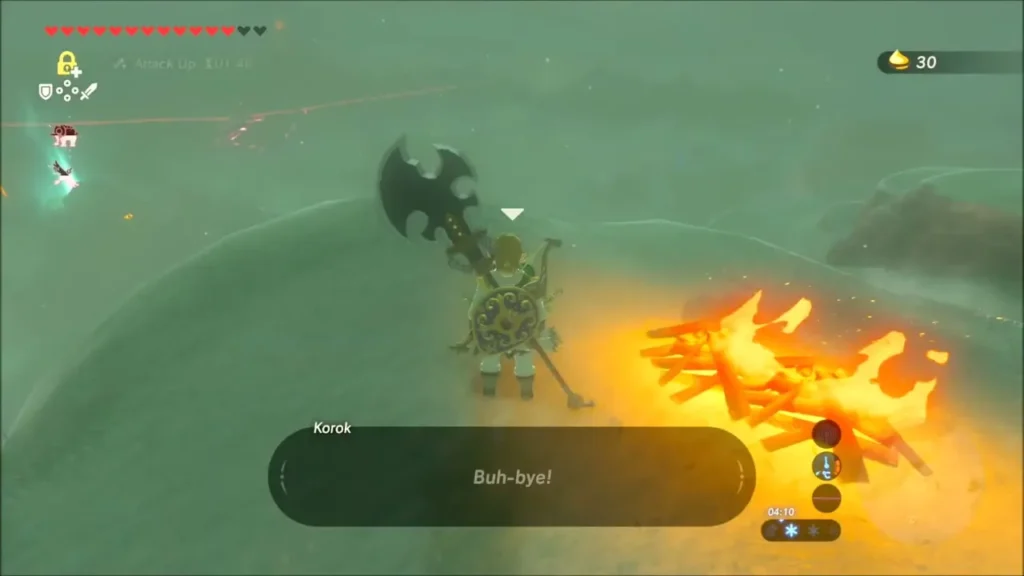 Link beside the campfire as the Korok says goodbye after giving its seed Link beside the campfire as the Korok says goodbye after giving its seed