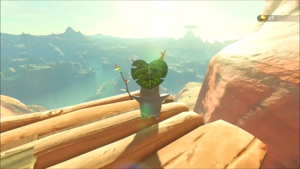 Korok waiting on the log platform at the cliff top overlooking the valley Korok waiting on the log platform at the cliff top overlooking the valley