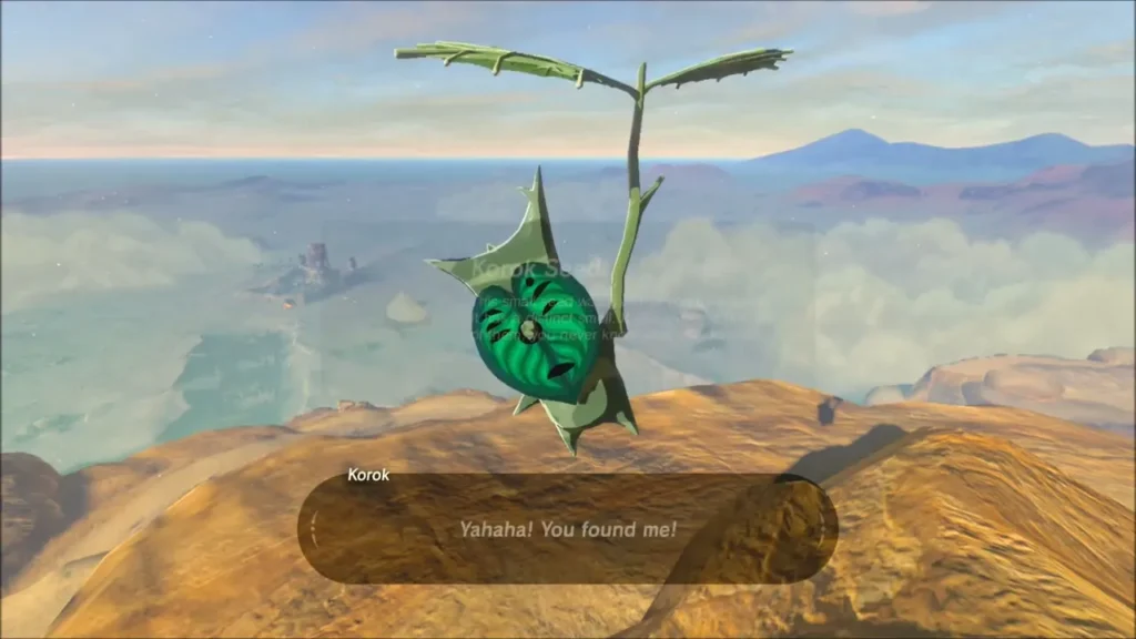 A Korok saying Yahaha, you found me, on the clifftop A Korok saying Yahaha, you found me, on the clifftop