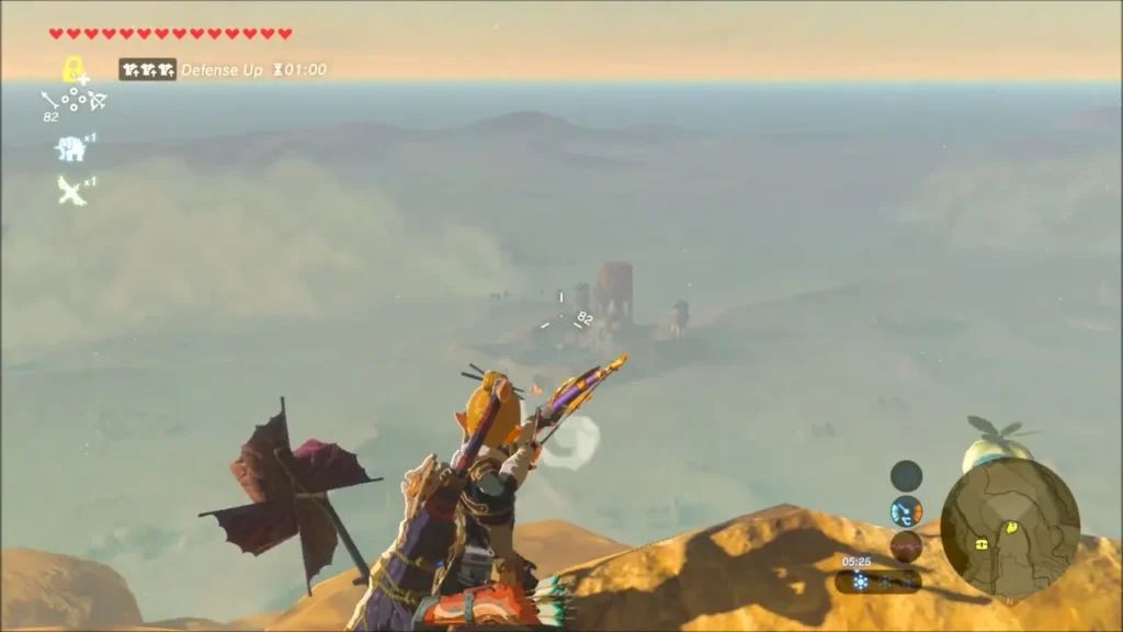 Link on a high sandstone ledge aiming his bow into the distance Link on a high sandstone ledge aiming his bow into the distance