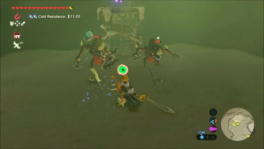Lizalfos fighting Link beside a bone-and-timber tower in the fog Lizalfos fighting Link beside a bone-and-timber tower in the fog
